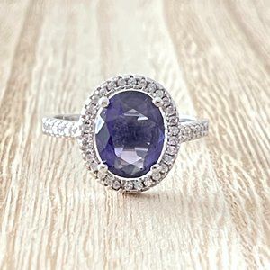 Oval Simulated Amethyst Halo Ring - 925 Sterling Silver
